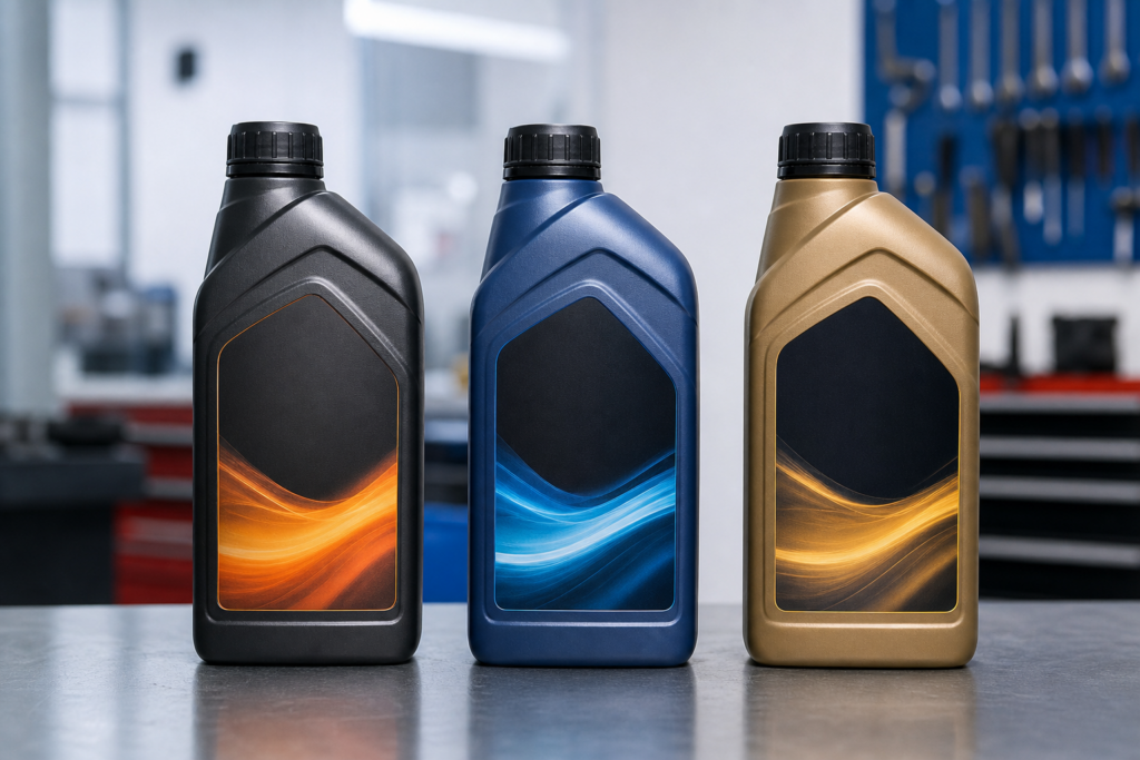 Três frascos de óleo de motor — mineral, semissintético e sintético — alinhados em uma bancada de oficina, com fundo claro e aspecto profissional.