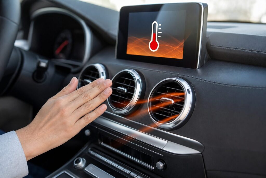 Painel central de carro com saídas de ar soprando quente e uma mão sentindo o fluxo, com indicador de temperatura alta no display.
