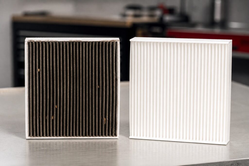 Filtro de cabine sujo ao lado de um filtro novo branco sobre uma bancada clara, destacando a necessidade de troca do filtro de ar condicionado do carro.