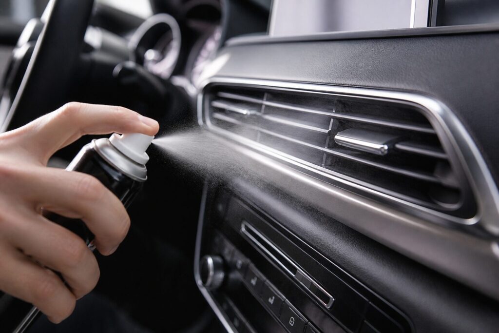 Spray de higienização aplicado na saída de ar do painel de um carro, com névoa visível e interior limpo.