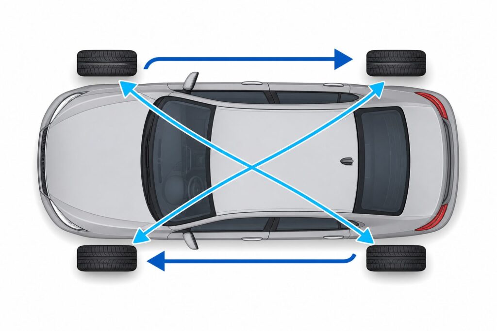 Diagrama visto de cima de um carro com setas indicando o rodízio dos quatro pneus, cruzando traseiros para a frente e movendo dianteiros para trás no mesmo lado.