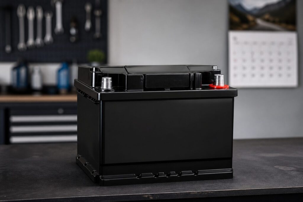 Bateria automotiva nova sobre bancada de oficina com calendário desfocado ao fundo, simbolizando a passagem do tempo e a vida útil da bateria.