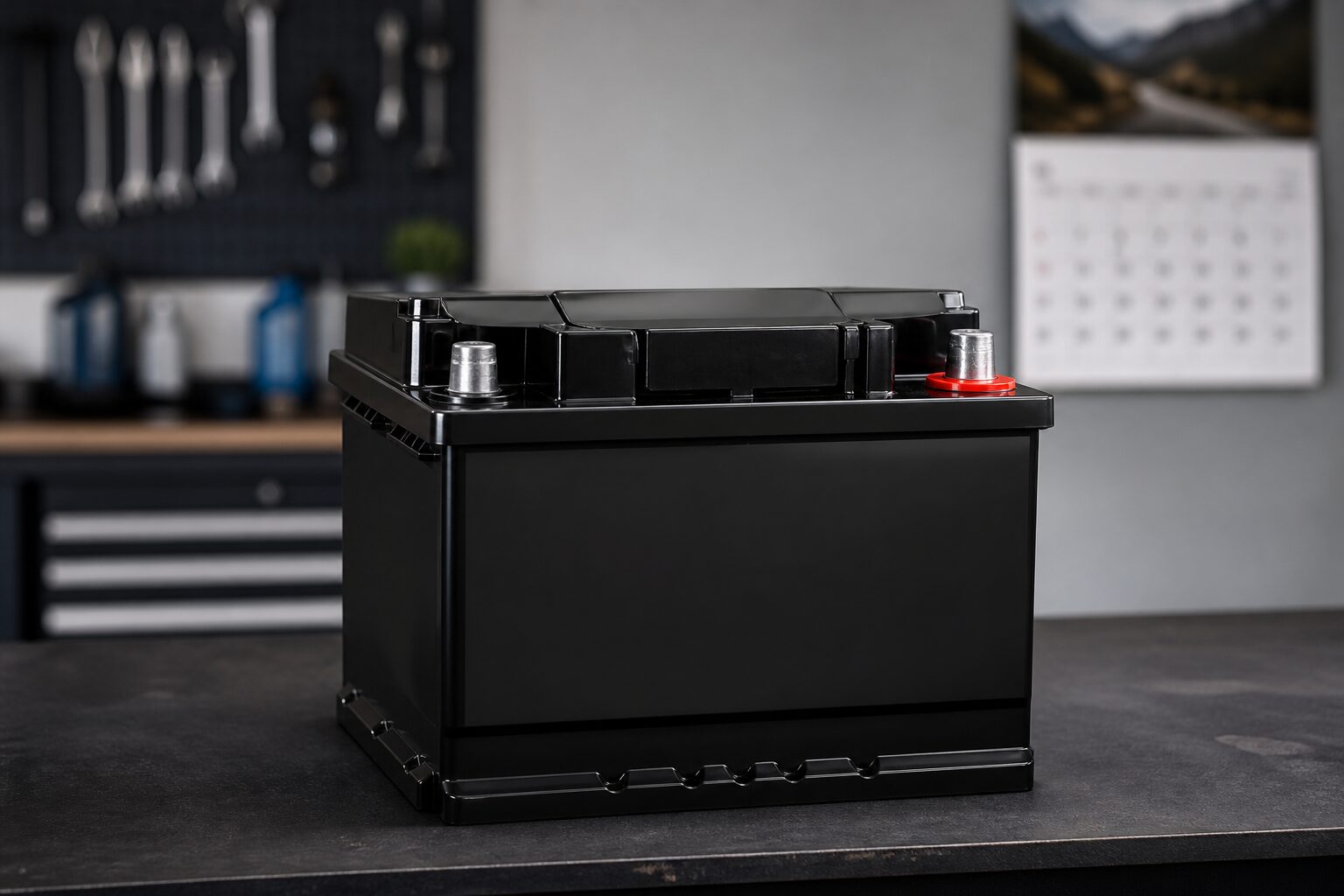 Bateria automotiva nova sobre bancada de oficina com calendário desfocado ao fundo, simbolizando a passagem do tempo e a vida útil da bateria.