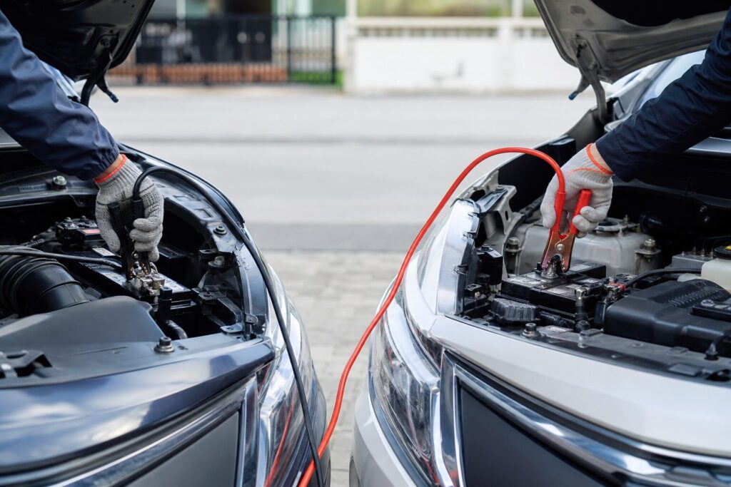 Dois carros próximos com cabos de chupeta vermelho e preto conectando as baterias; mãos enluvadas posicionando os terminais com segurança.