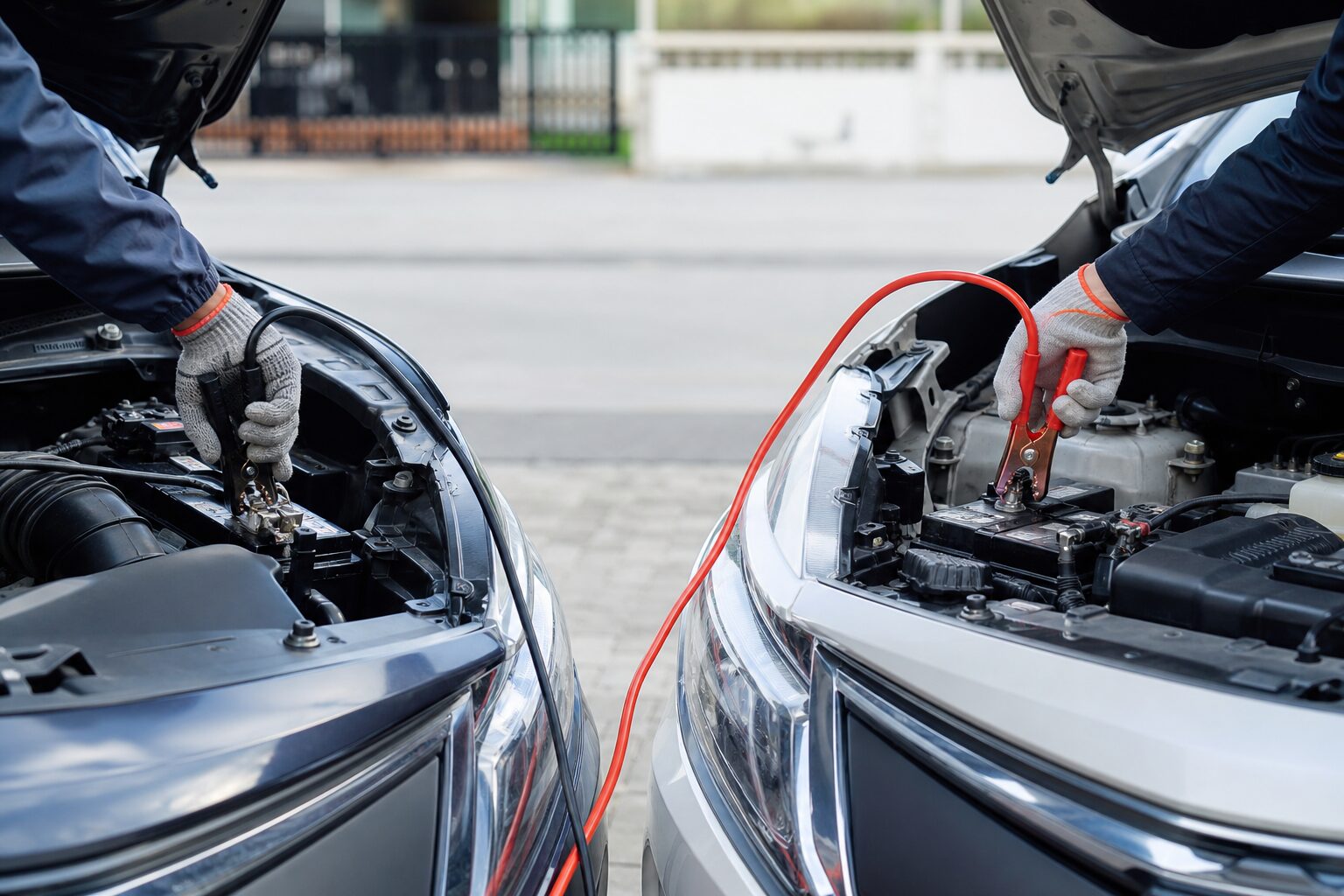 Dois carros próximos com cabos de chupeta vermelho e preto conectando as baterias; mãos enluvadas posicionando os terminais com segurança.