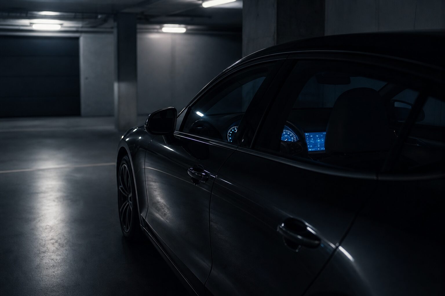 Carro estacionado à noite em garagem escura com leve brilho no painel indicando consumo elétrico em repouso