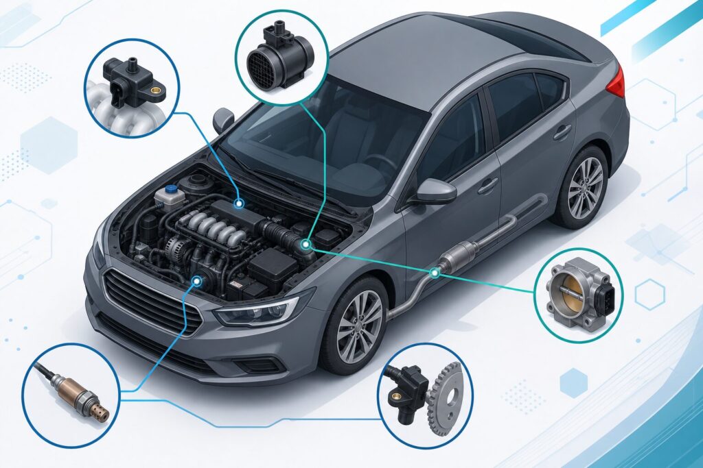 Infográfico de carro com ícones marcando sensor de oxigênio, MAP e sensor de rotação no motor, em estilo moderno e profissional.