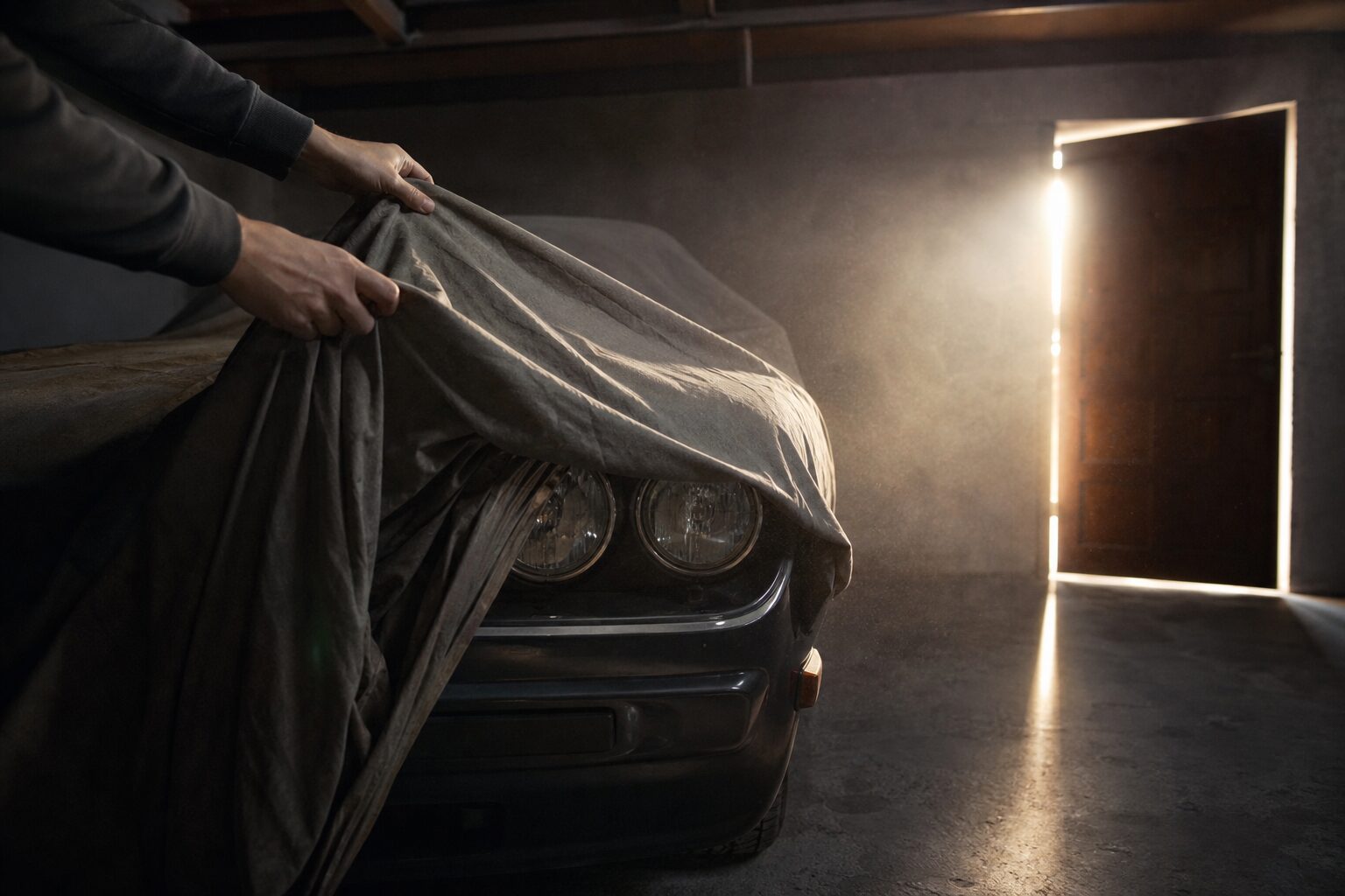 Carro coberto com capa em garagem, mãos retirando a capa com poeira visível na luz, pronto para voltar a rodar