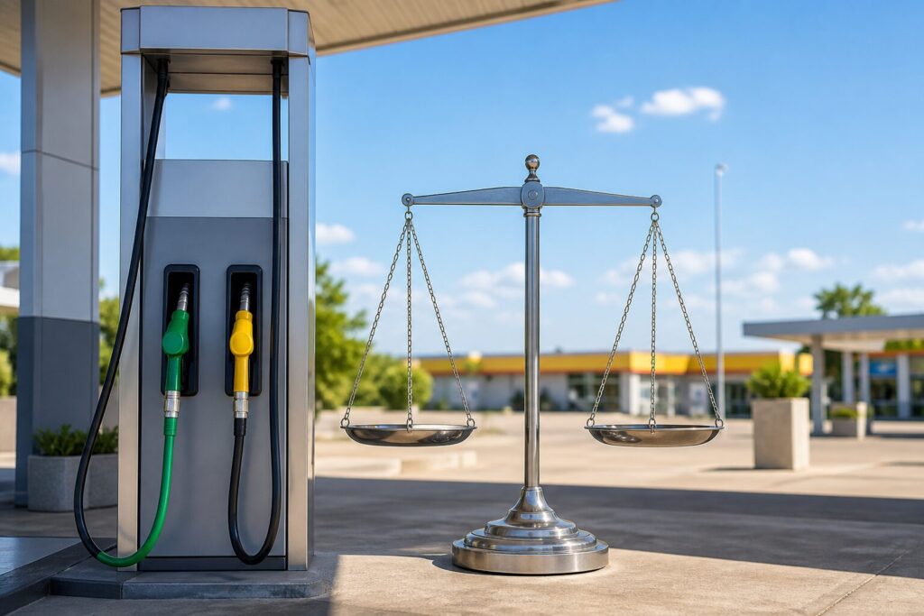Bomba de combustível com duas mangueiras representando etanol e gasolina e uma balança comparando preços em um posto ensolarado.