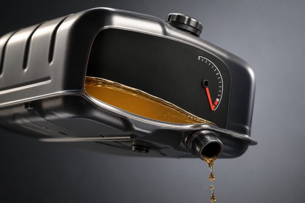 Ilustração de tanque de combustível esvaziando rapidamente com gotas de gasolina, simbolizando alto consumo