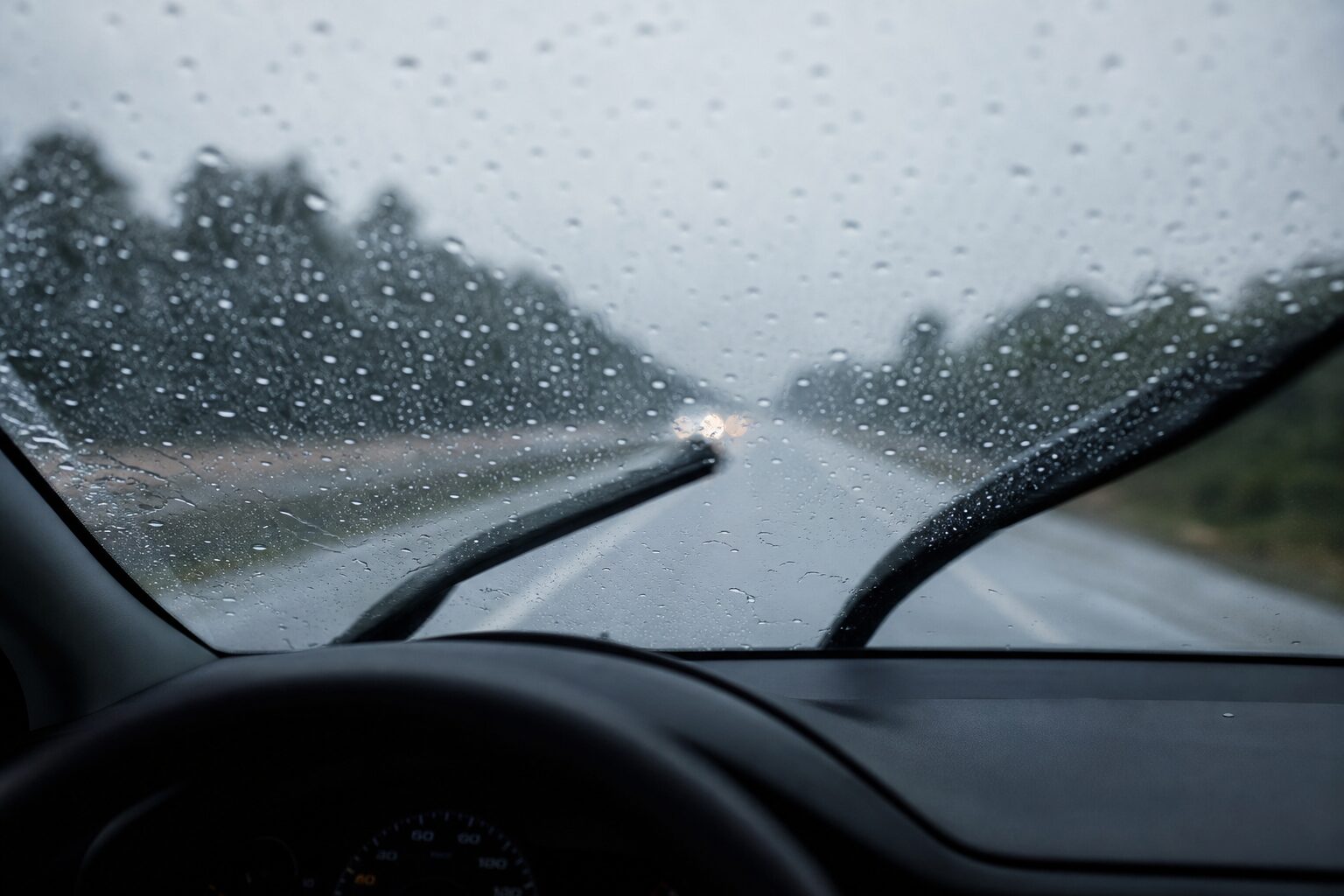Vista interna de um carro com para-brisa sob chuva intensa; palhetas em ação e gotas de água em foco, estrada borrada ao fundo.