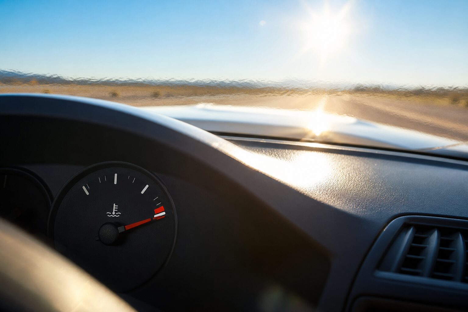 Marcador de temperatura do painel no vermelho com sol forte refletido no capô e ondas de calor visíveis diante de um carro moderno