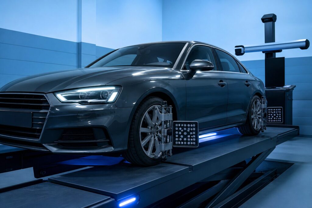 Carro sobre rampa de alinhamento com sensores a laser nas rodas em uma oficina com iluminação azul, ambiente profissional e organizado.