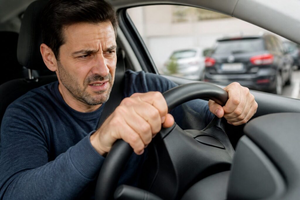 Motorista fazendo força no volante ao estacionar, com expressão de esforço, visto no interior de um carro moderno.
