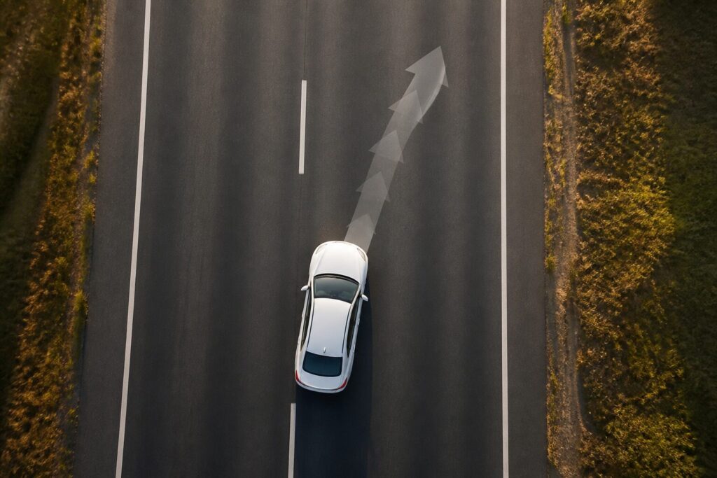 Vista aérea de estrada reta com carro ligeiramente desalinhado na faixa e setas indicando desvio lateral suave, em estilo fotográfico profissional