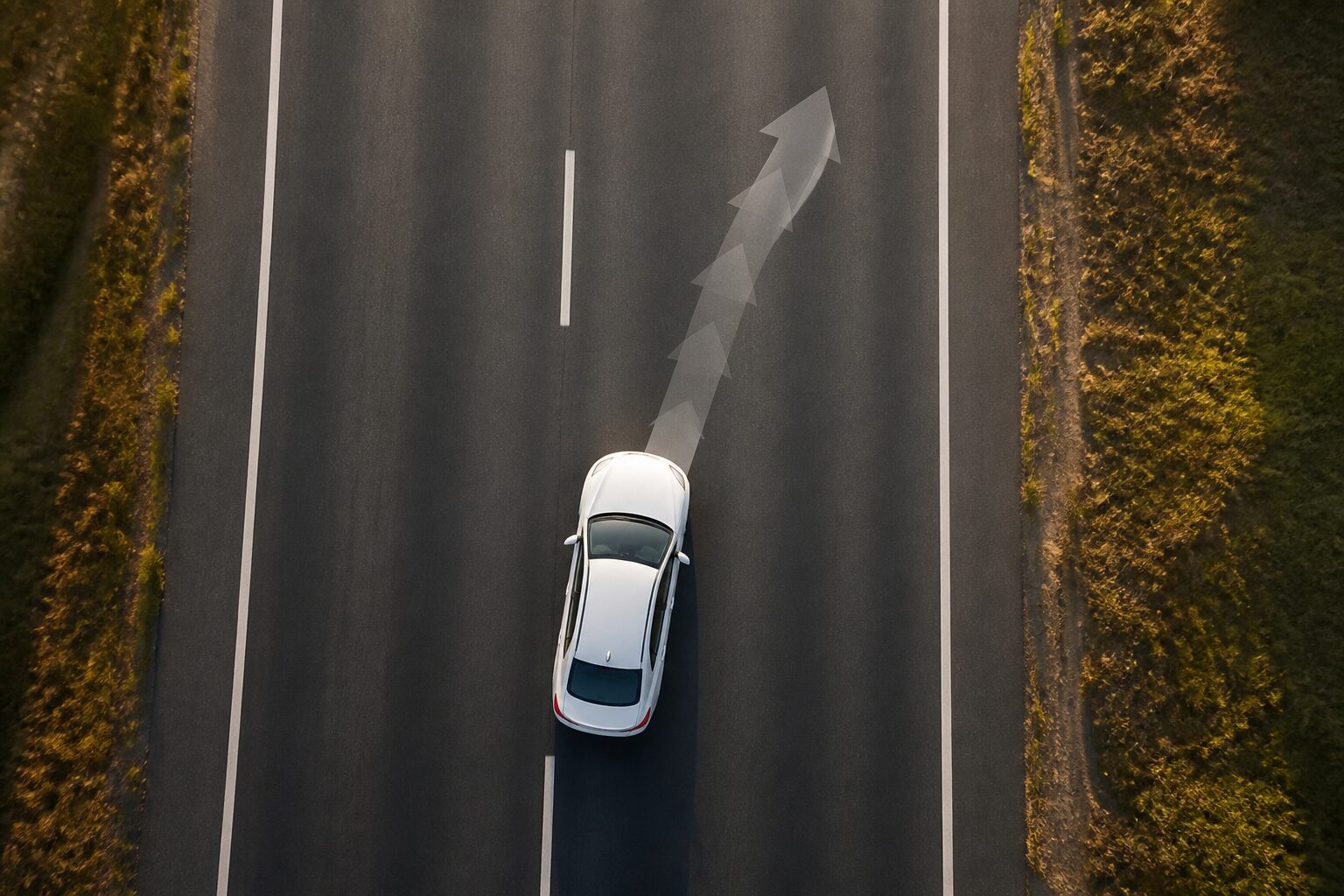 Vista aérea de estrada reta com carro ligeiramente desalinhado na faixa e setas indicando desvio lateral suave, em estilo fotográfico profissional