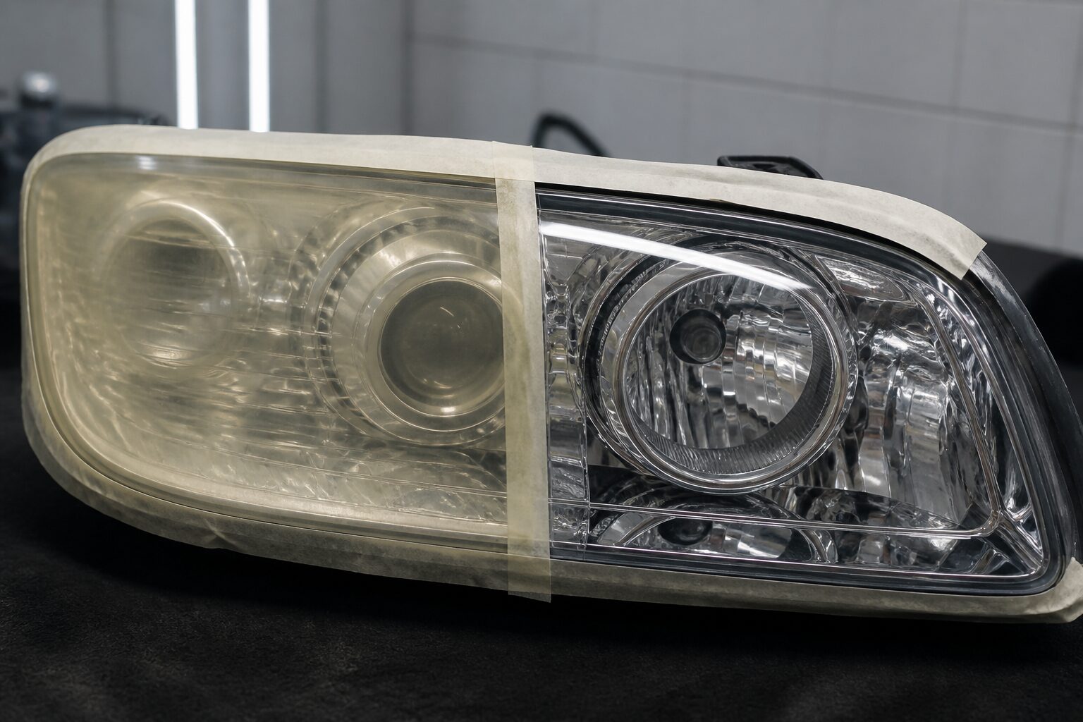 Close de farol com metade amarelada e metade transparente após polimento, mostrando contraste nítido e bordas protegidas com fita em ambiente de oficina.