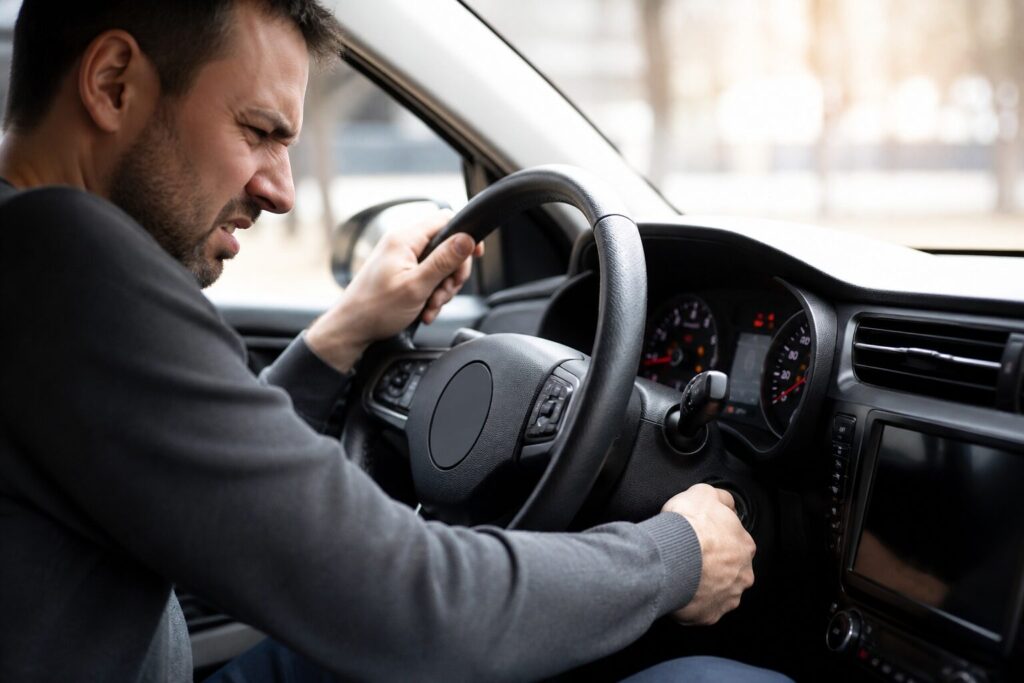 Motorista dentro do carro girando a chave, painel com luzes acesas e expressão de frustração por o veículo não ligar.