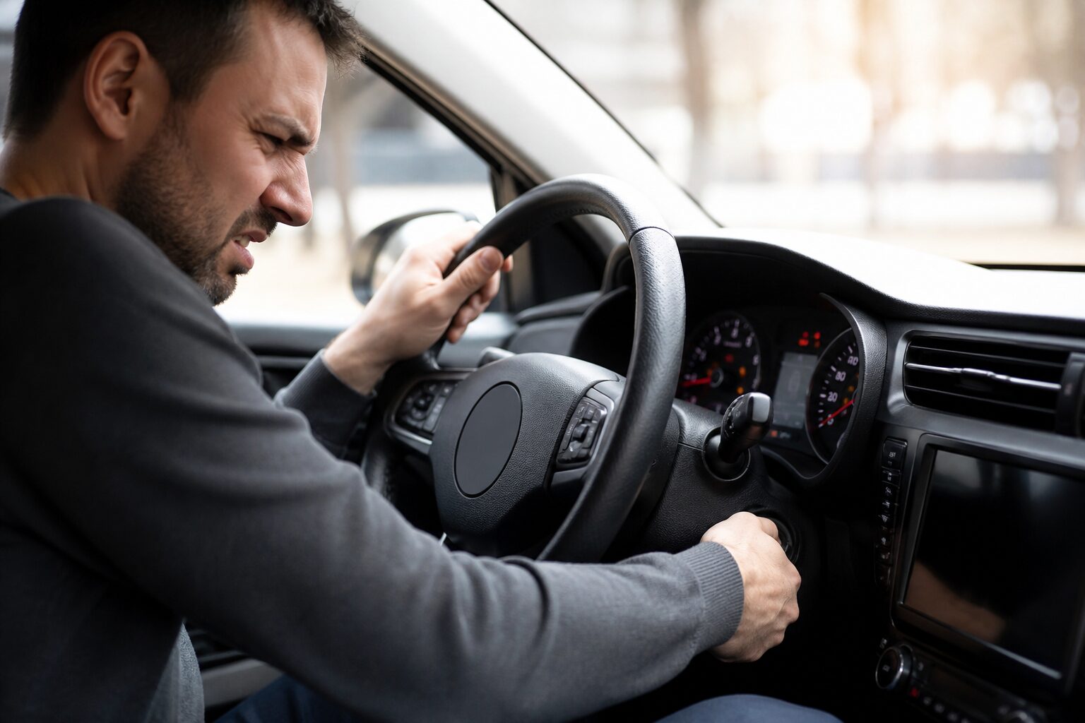 Motorista dentro do carro girando a chave, painel com luzes acesas e expressão de frustração por o veículo não ligar.