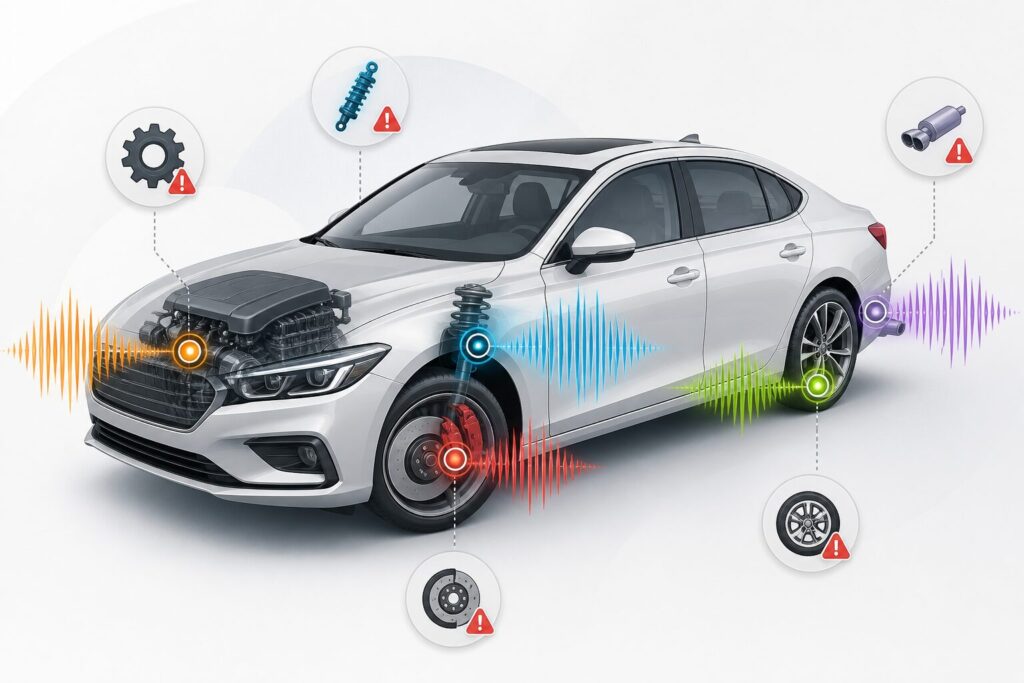 Infográfico de um carro visto em 3/4 com ondas sonoras nos freios, motor, suspensão, rodas e escapamento, indicando diferentes tipos de ruídos.