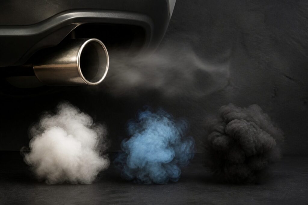 Escapamento de carro emitindo fumaça com amostras branca, azul e preta em fundo neutro técnico