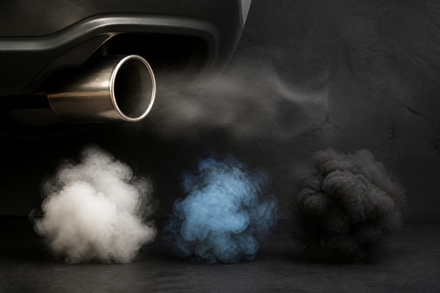 Escapamento de carro emitindo fumaça com amostras branca, azul e preta em fundo neutro técnico