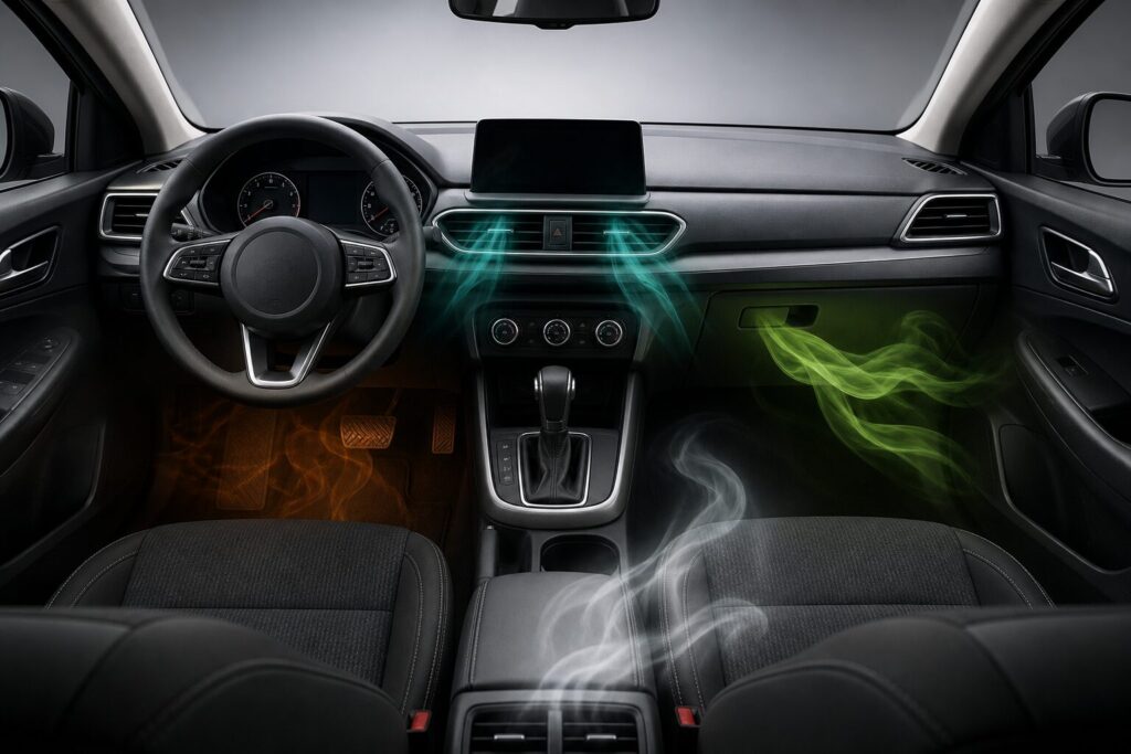 Interior de um carro visto do banco do motorista, com ícones conceituais de fumaças coloridas saindo das saídas de ar e do painel para representar diferentes cheiros.