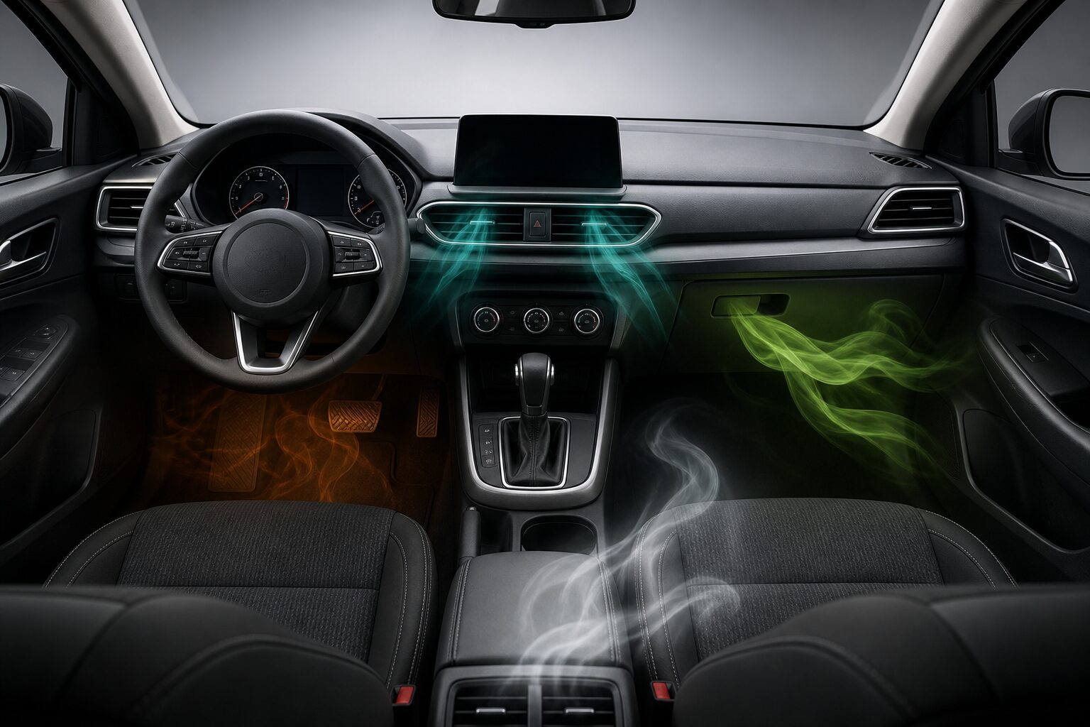 Interior de um carro visto do banco do motorista, com ícones conceituais de fumaças coloridas saindo das saídas de ar e do painel para representar diferentes cheiros.