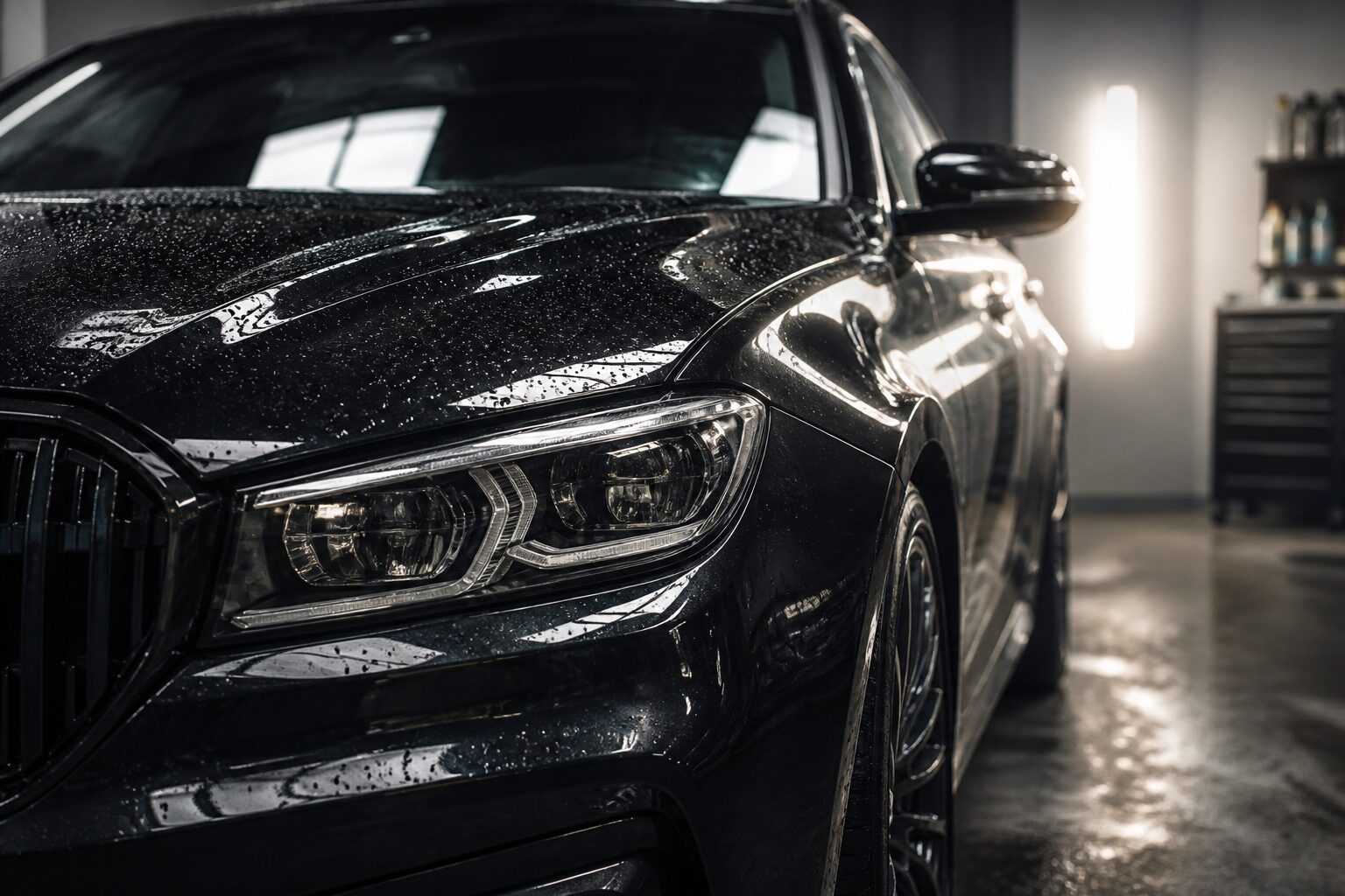Carro preto recém-polido com brilho espelhado e gotas de água na lataria em uma oficina, destacando acabamento de estética automotiva