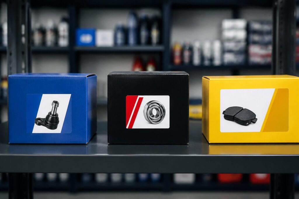 Três caixas de peças automotivas identificadas como Original, Paralela e Genuína alinhadas em prateleira de oficina, foco frontal e iluminação neutra.