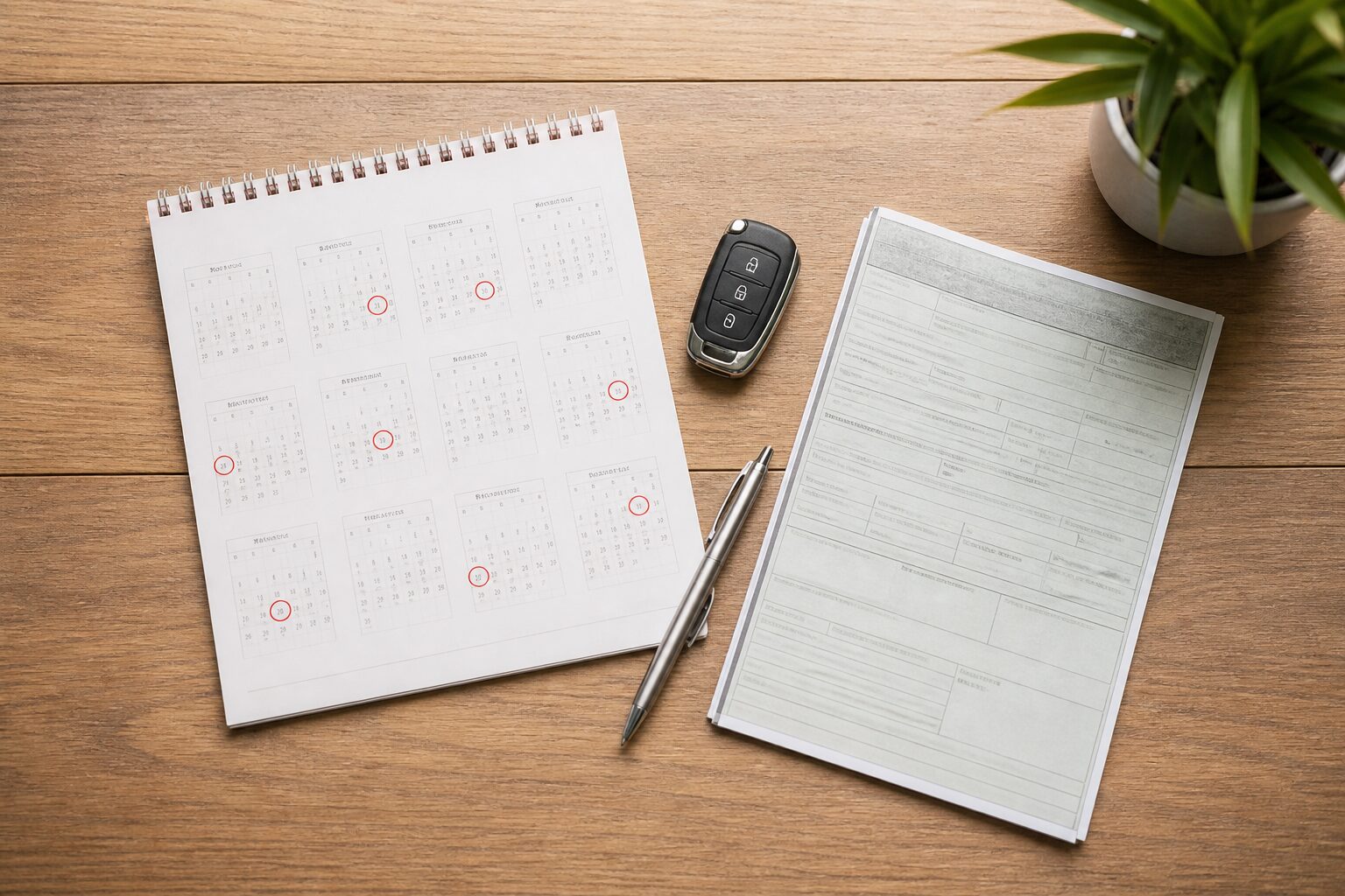 Calendário de 2026 com datas marcadas ao lado de chave e documento do carro sobre mesa organizada