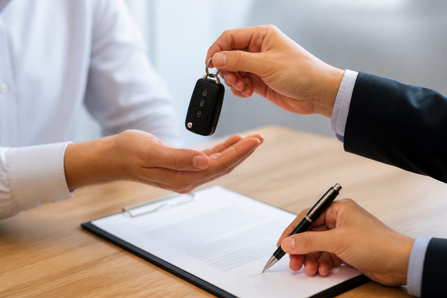 Mãos trocando a chave do carro enquanto um documento de transferência veicular é assinado sobre a mesa