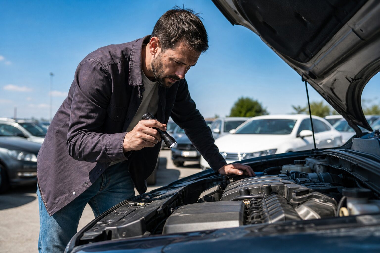 Comprador examinando o motor de um carro usado com uma lanterna em pátio de revenda em dia ensolarado