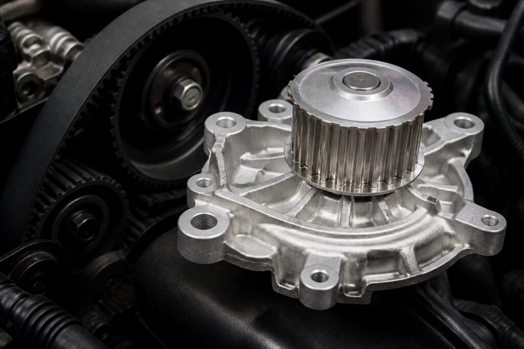 Bomba d’água automotiva nova ao lado da correia do motor, peça metálica em close técnico, com detalhes de polia e carcaça visíveis.