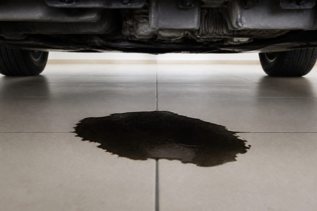Mancha de óleo escura sob o motor em piso de garagem claro, evidenciando vazamento pelo contraste com o chão.