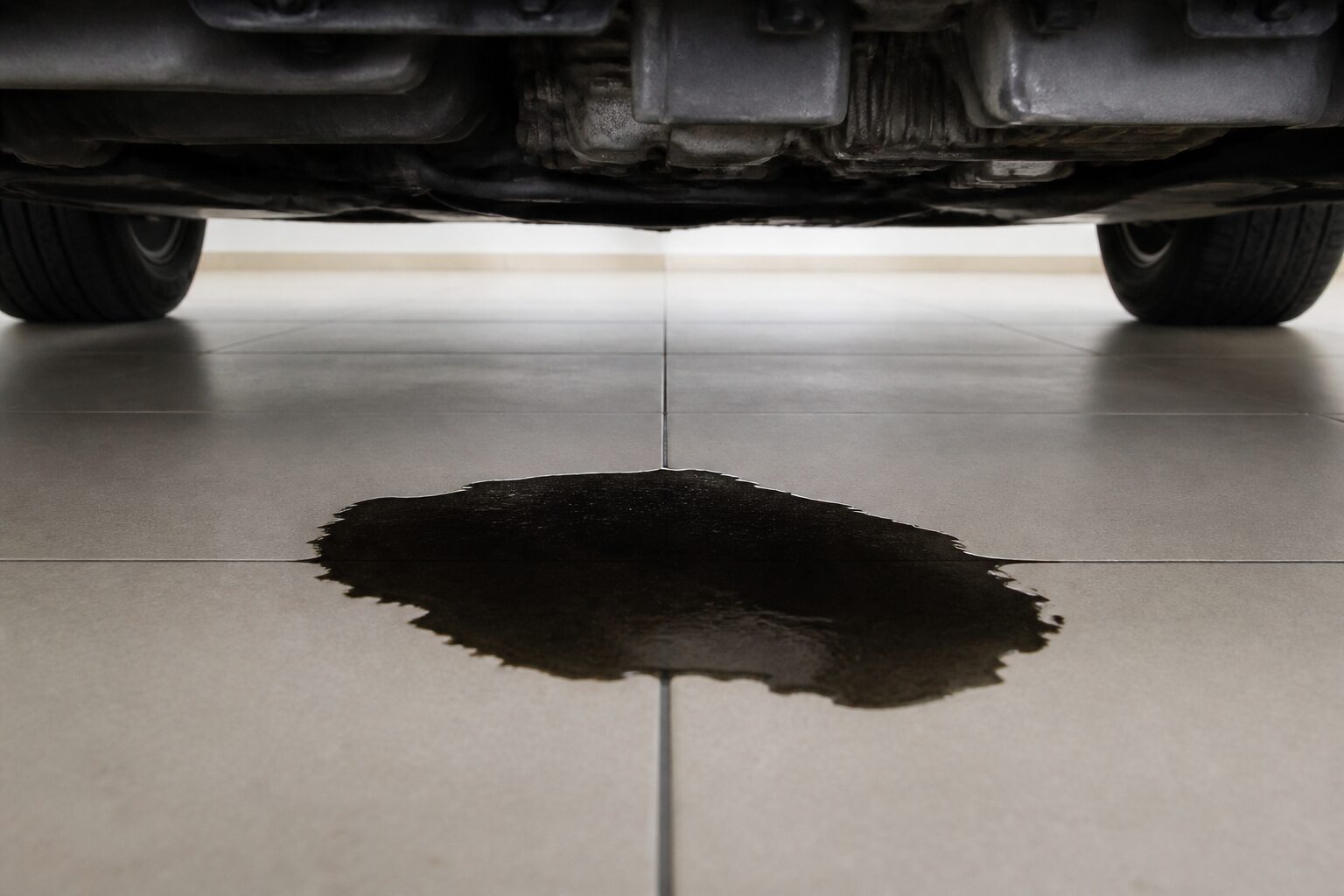 Mancha de óleo escura sob o motor em piso de garagem claro, evidenciando vazamento pelo contraste com o chão.