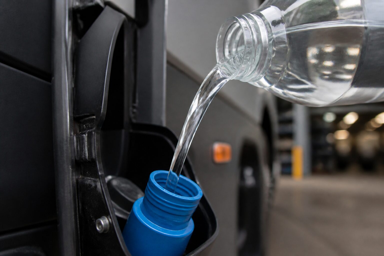 Frasco de Arla 32 sendo despejado no bocal azul do veículo com funil, líquido transparente em close e oficina ao fundo desfocada.