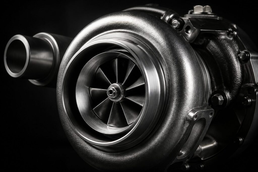Close de uma turbina automotiva metálica com pás visíveis em fundo escuro e iluminação dramática
