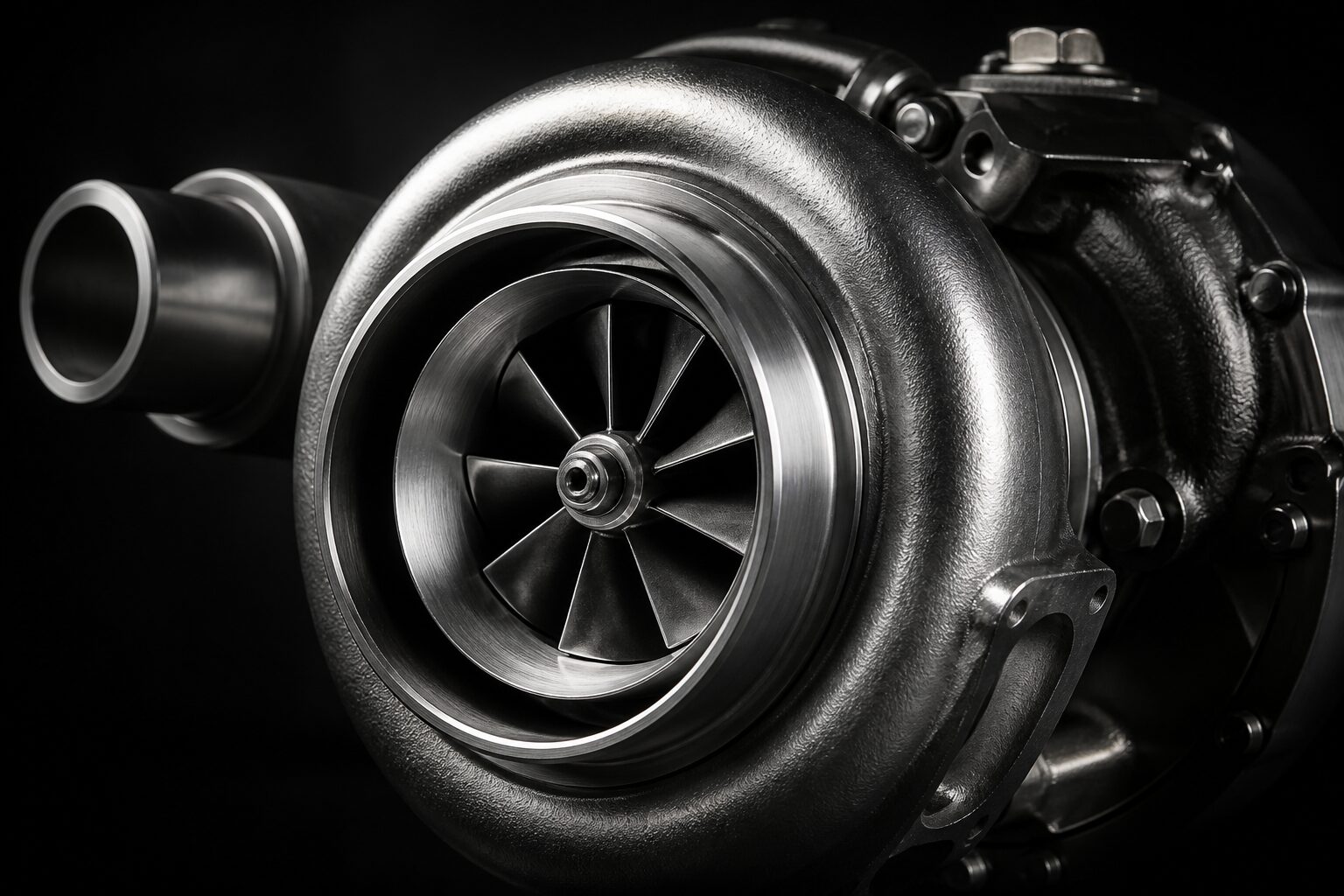 Close de uma turbina automotiva metálica com pás visíveis em fundo escuro e iluminação dramática