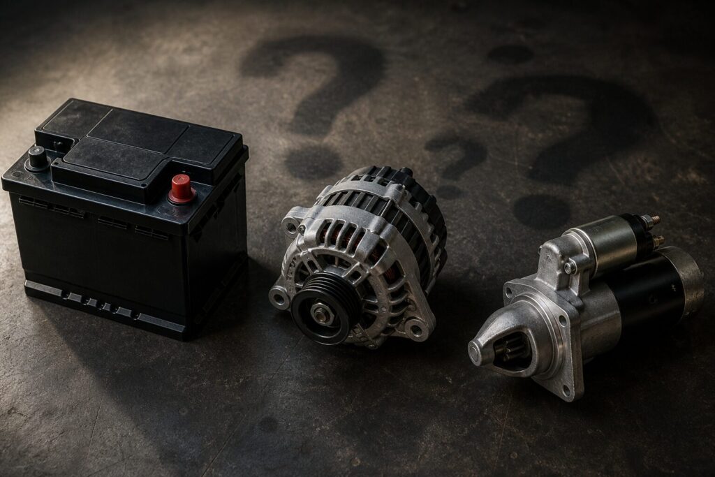 Bateria, alternador e motor de arranque alinhados em bancada escura, com clima investigativo para diagnóstico elétrico automotivo.
