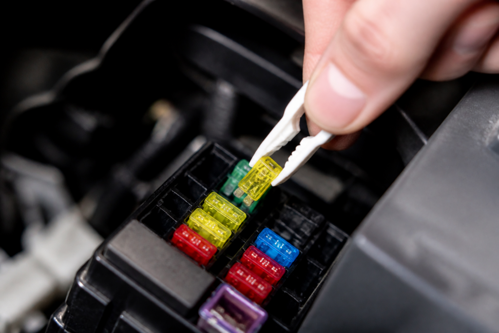 Caixa de fusíveis do carro aberta com pinça retirando um fusível colorido, dedos segurando o componente.