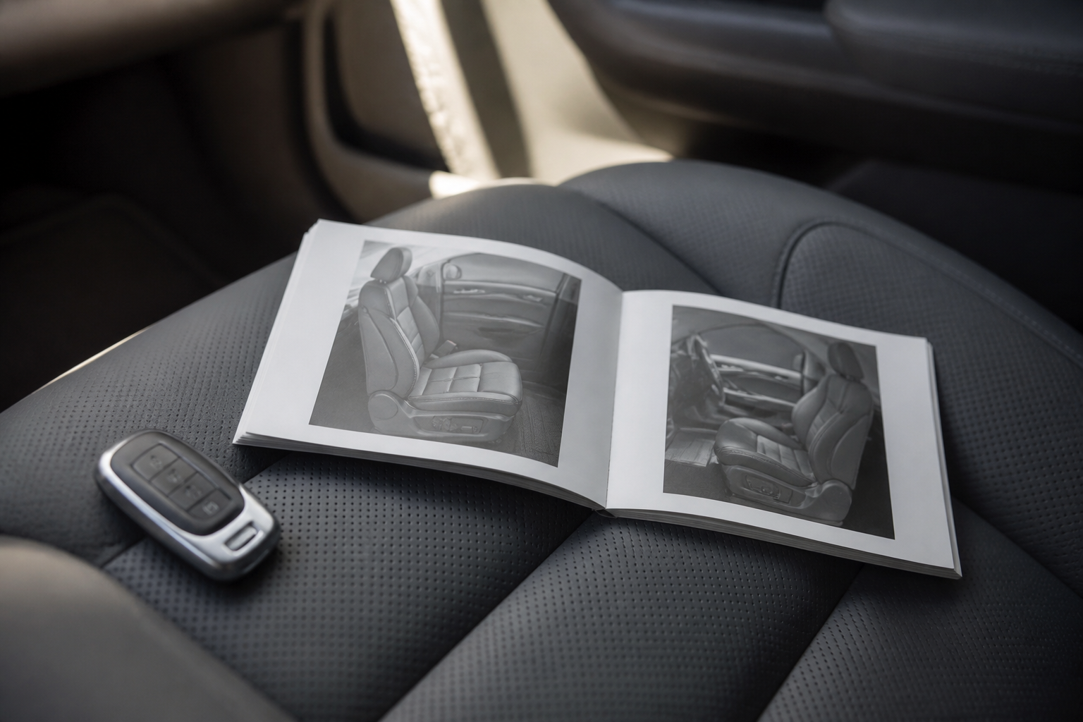 Manual do proprietário aberto sobre o banco do carro com uma chave ao lado, iluminado por luz natural que entra pela janela