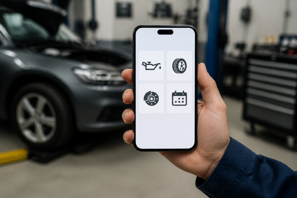 Mão segurando um smartphone com app de manutenção automotiva aberto ao lado de um carro em uma oficina mecânica.
